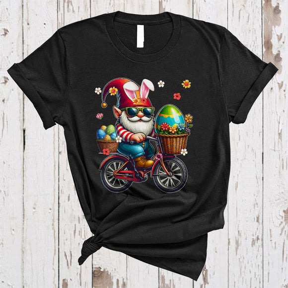MacnyStore - Bunny Gnome Riding Bicycle, Wonderful Easter Flowers Gnomes Gnomies, Egg Hunting Group T-Shirt