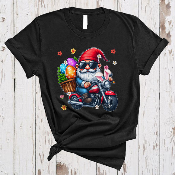 MacnyStore - Bunny Gnome Riding Motorcycle, Wonderful Easter Flowers Gnomes Gnomies, Egg Hunting Group T-Shirt