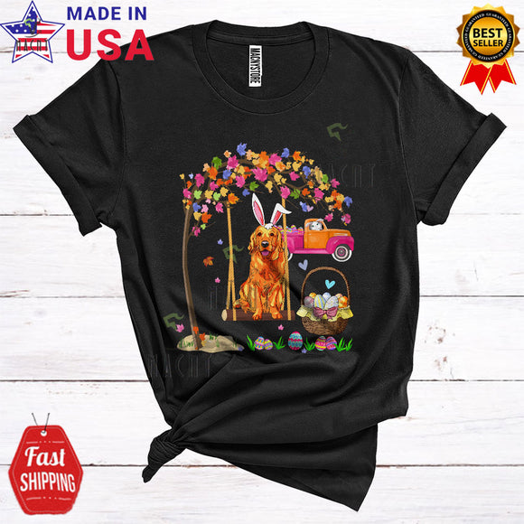 MacnyStore - Bunny Golden Retriever On Swing Cute Cool Easter Egg Hunt Bunny Riding Truck Egg Basket Lover T-Shirt