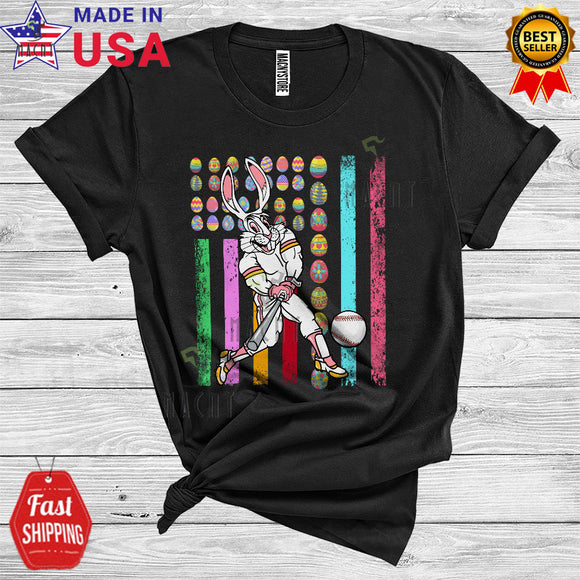 MacnyStore - Bunny Playing Baseball Cool Funny Easter Eggs American Flag Matching Sport Player Team T-Shirt