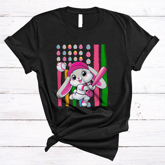 MacnyStore - Bunny Playing Baseball, Adorable Easter Day Eggs US American Flag, Bunny Sport Player Team T-Shirt