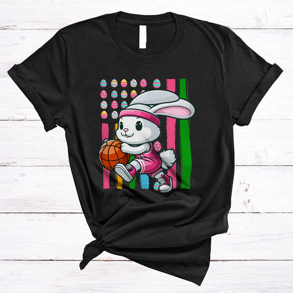 MacnyStore - Bunny Playing Basketball, Adorable Easter Day Eggs US American Flag, Bunny Sport Player Team T-Shirt