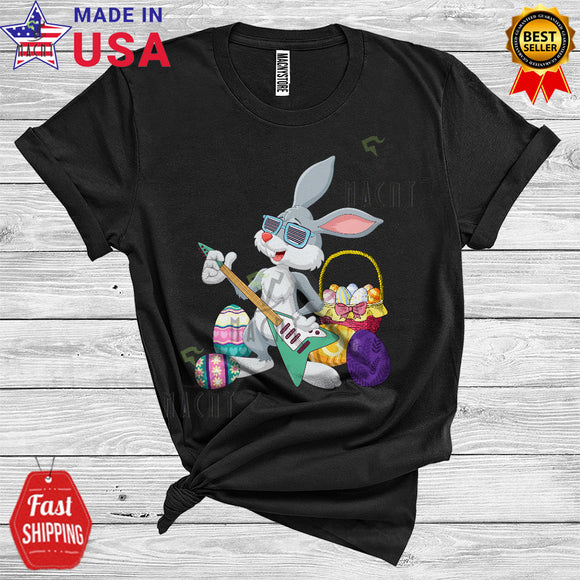 MacnyStore - Bunny Playing Guitar Easter Egg Basket Funny Cool Easter Day Egg Hunt Bunny Guitarist Lover T-Shirt
