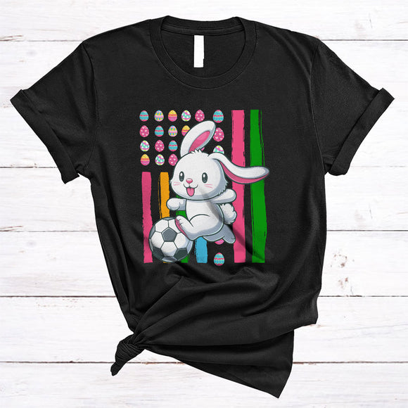 MacnyStore - Bunny Playing Soccer, Adorable Easter Day Eggs US American Flag, Bunny Sport Player Team T-Shirt