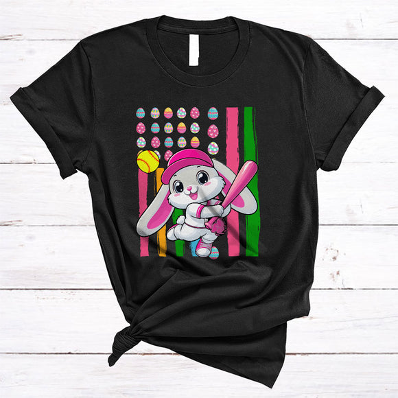 MacnyStore - Bunny Playing Softball, Adorable Easter Day Eggs US American Flag, Bunny Sport Player Team T-Shirt
