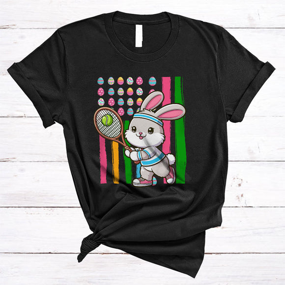 MacnyStore - Bunny Playing Tennis, Adorable Easter Day Eggs US American Flag, Bunny Sport Player Team T-Shirt