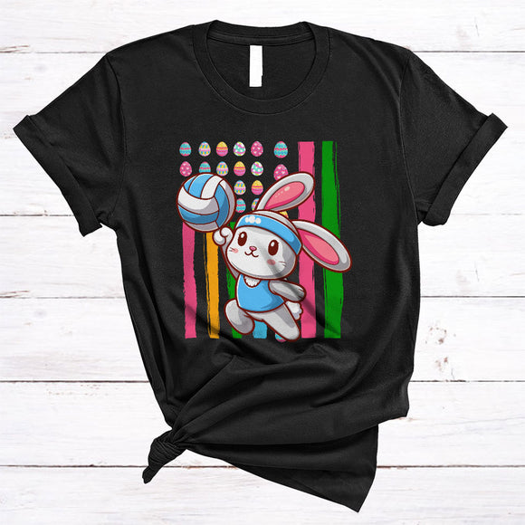 MacnyStore - Bunny Playing Volleyball, Adorable Easter Day Eggs US American Flag, Bunny Sport Player Team T-Shirt