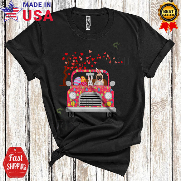 MacnyStore - Bunny Pug Hunting Eggs On Pickup Truck Funny Cute Easter Day Heart Tree Bunny Egg Hunt T-Shirt