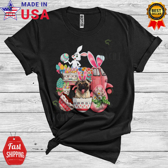 MacnyStore - Bunny Pug In Easter Egg Cool Funny Easter Day Flowers Bunny On Truck Pug Lover T-Shirt