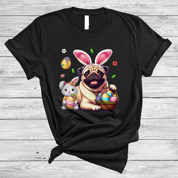 MacnyStore - Bunny Pug With Easter Egg Basket, Adorable Easter Day Flowers Pug Lover, Egg Hunt Group T-Shirt