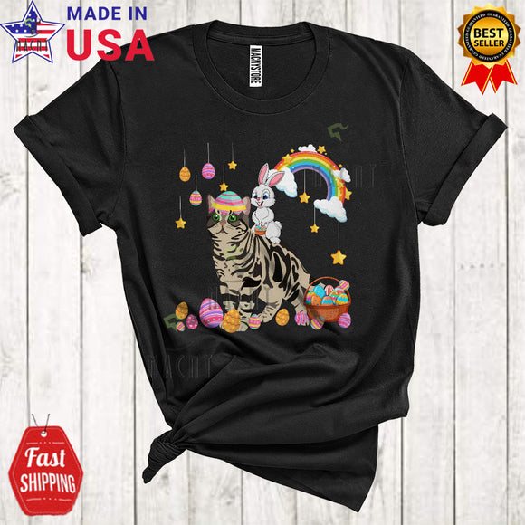 MacnyStore - Bunny Riding American Shorthair Cat Cute Cool Easter Day Bunny Cat Hunting Eggs Rainbow Lover T-Shirt