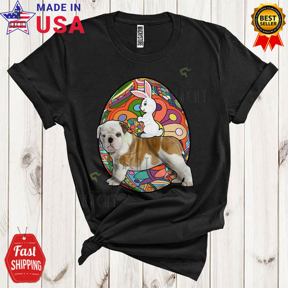 MacnyStore - Bunny Riding Bulldog Cool Cute Easter Day Bunny Vintage Colorful Eggs Hunt Lover T-Shirt