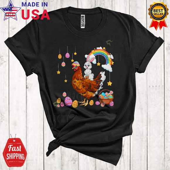 MacnyStore - Bunny Riding Chicken Cute Cool Easter Day Bunny Chicken Hunting Eggs Rainbow Farmer Lover T-Shirt