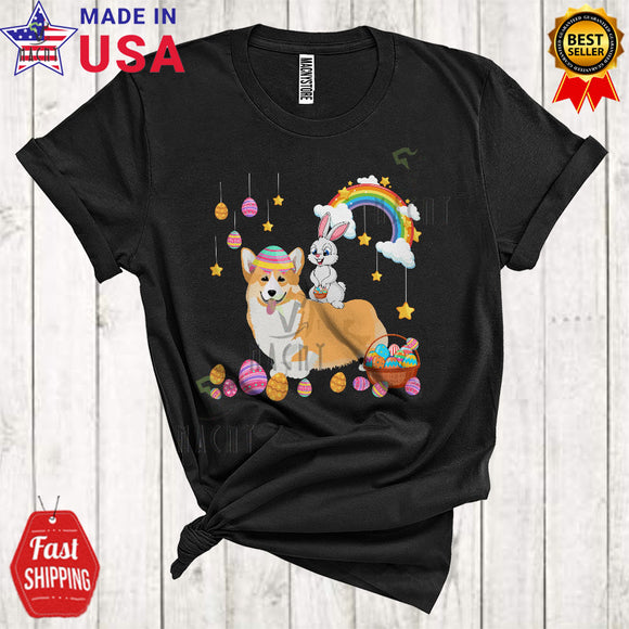 MacnyStore - Bunny Riding Corgi Dog Cute Cool Easter Day Bunny Dog Hunting Eggs Rainbow Lover T-Shirt