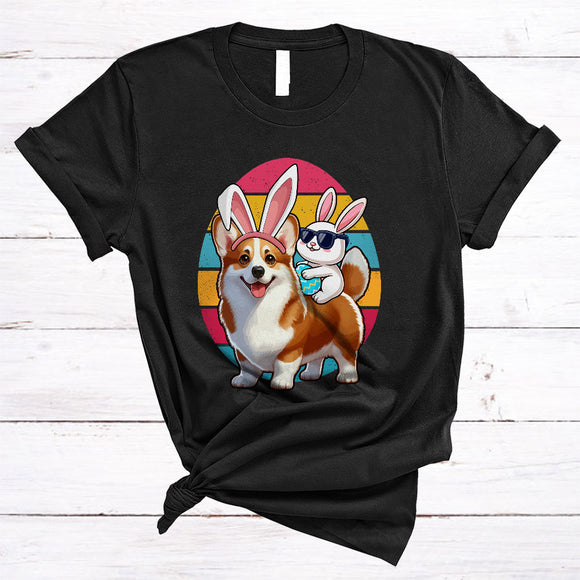 MacnyStore - Bunny Riding Corgi, Amazing Easter Vintage Retro Eggs, Bunny Sunglasses Hunting Eggs T-Shirt
