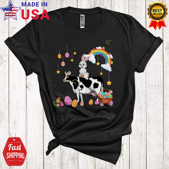 MacnyStore - Bunny Riding Cow Cute Cool Easter Day Bunny Cow Hunting Eggs Rainbow Farmer Lover T-Shirt