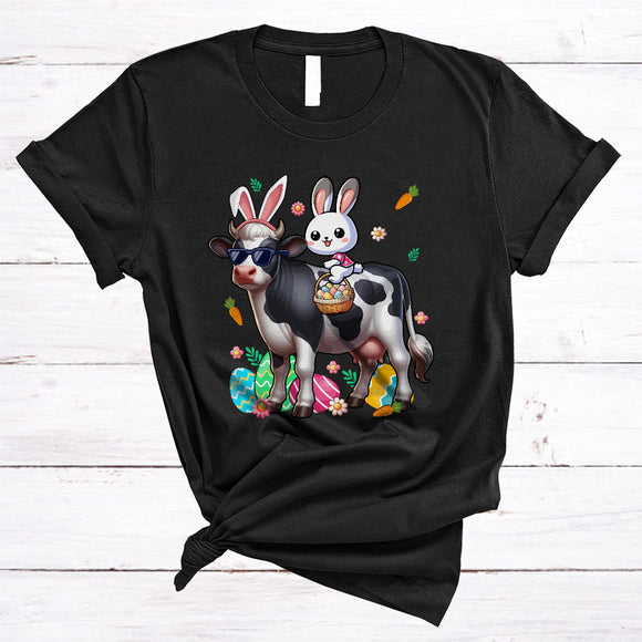 MacnyStore - Bunny Riding Cow, Lovely Easter Day Bunny With Easter Egg Basket, Matching Animal Lover T-Shirt