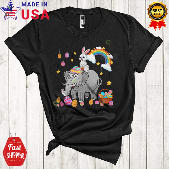 MacnyStore - Bunny Riding Elephant Cute Cool Easter Day Bunny Elephant Hunting Eggs Rainbow Animal Lover T-Shirt