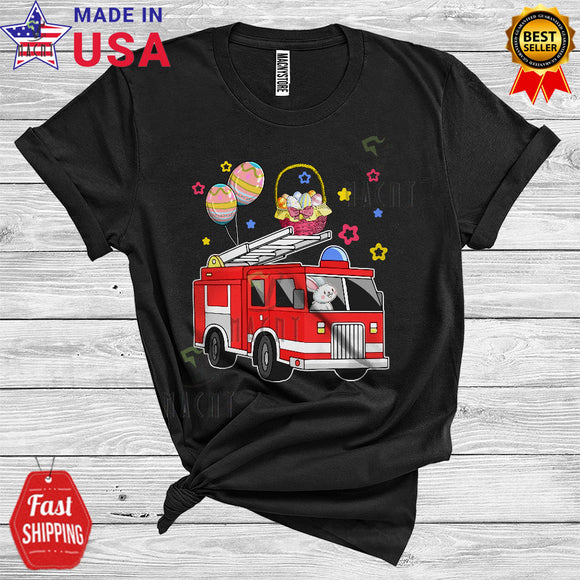 MacnyStore - Bunny Riding Fire Truck With Easter Egg Basket Cute Cool Easter Day Bunny Fire Truck Firefighter Lover T-Shirt