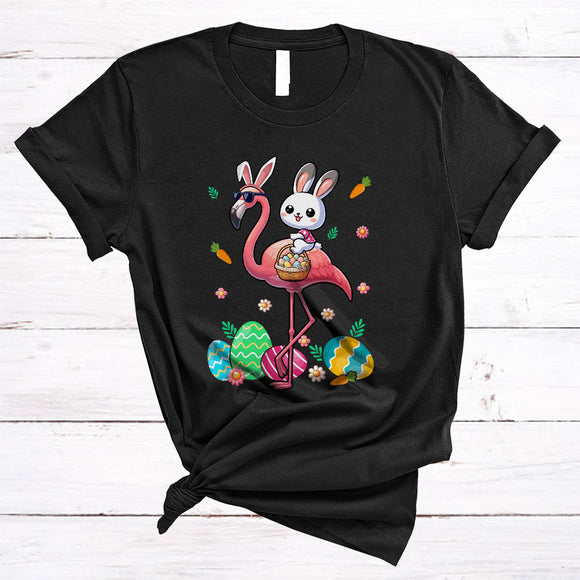 MacnyStore - Bunny Riding Flamingo, Lovely Easter Day Bunny With Easter Egg Basket, Matching Animal Lover T-Shirt