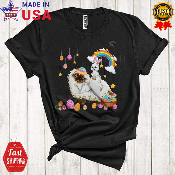MacnyStore - Bunny Riding Himalayan Cat Cute Cool Easter Day Bunny Cat Hunting Eggs Rainbow Lover T-Shirt