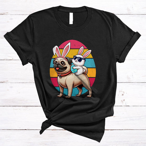 MacnyStore - Bunny Riding Pug, Amazing Easter Vintage Retro Eggs, Bunny Sunglasses Hunting Eggs T-Shirt