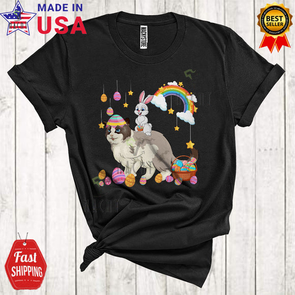 MacnyStore - Bunny Riding Ragdoll Cat Cute Cool Easter Day Bunny Cat Hunting Eggs Rainbow Lover T-Shirt