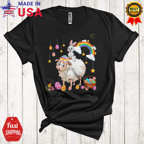 MacnyStore - Bunny Riding Sheep Cute Cool Easter Day Bunny Sheep Hunting Eggs Rainbow Farmer Lover T-Shirt