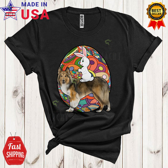 MacnyStore - Bunny Riding Shetland Sheepdog Cool Cute Easter Day Bunny Vintage Colorful Eggs Hunt Lover T-Shirt