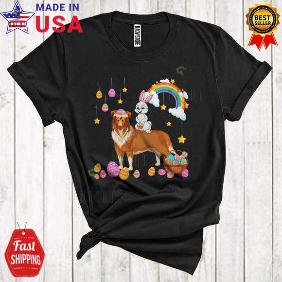 MacnyStore - Bunny Riding Shetland Sheepdog Dog Cute Cool Easter Day Bunny Dog Hunting Eggs Rainbow Lover T-Shirt