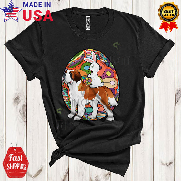 MacnyStore - Bunny Riding St. Bernard Cool Cute Easter Day Bunny Vintage Colorful Eggs Hunt Lover T-Shirt