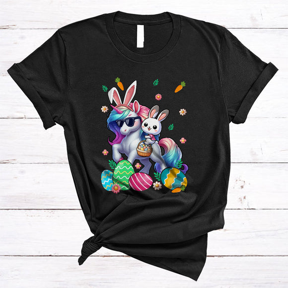 MacnyStore - Bunny Riding Unicorn, Lovely Easter Day Bunny With Easter Egg Basket, Matching Animal Lover T-Shirt