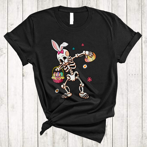 MacnyStore - Bunny Skeleton Dabbing, Humorous Easter Day Skeleton With Egg Basket, Egg Hunt Group T-Shirt