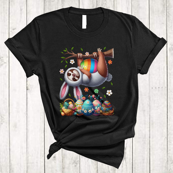 MacnyStore - Bunny Sloth Hanging, Humorous Easter Day Bunny Hunting Easter Egg, Flowers Family Group T-Shirt