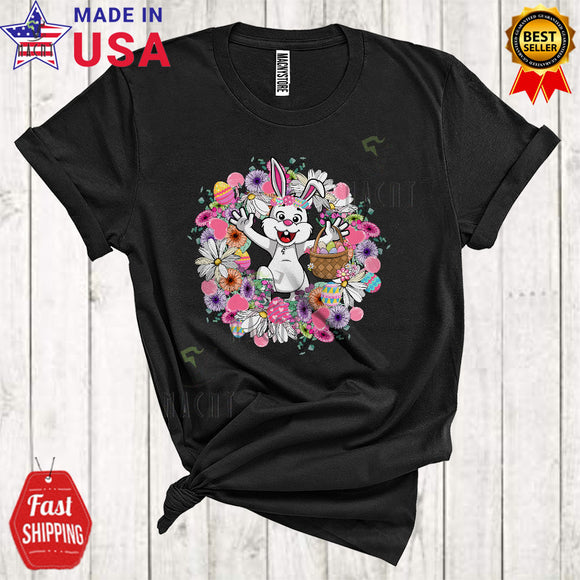 MacnyStore - Bunny With Easter Basket Flowers Circle Cute Cool Easter Egg Hunt Bunny Rabbit Lover T-Shirt