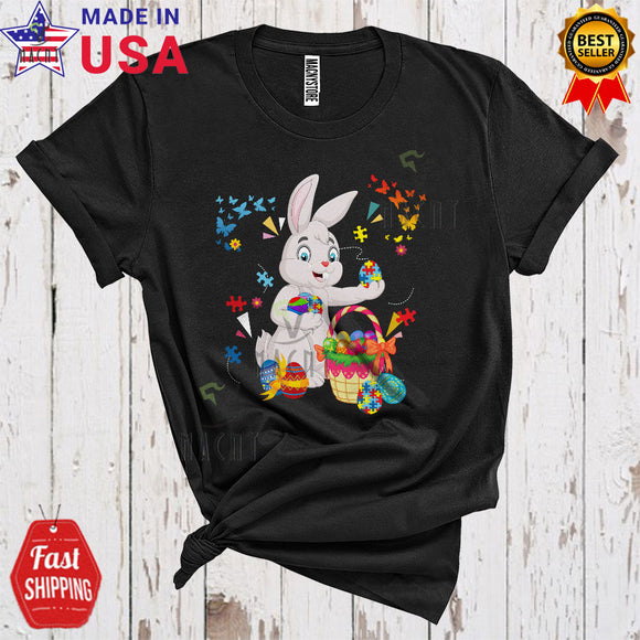 MacnyStore - Bunny With Puzzle Easter Eggs Basket Cute Cool Easter Day Autism Awareness Bunny Egg Hunt Lover T-Shirt