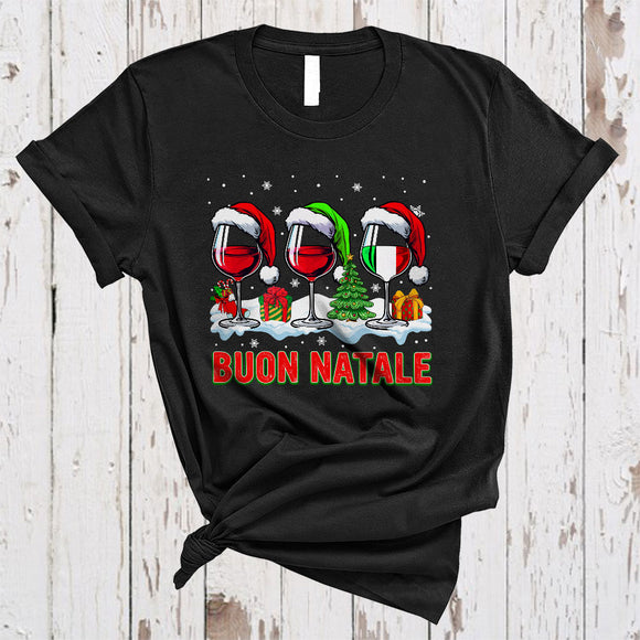 MacnyStore - Buon Natale, Adorable Merry Christmas Italian Three Wine Glasses, X-mas Family Group T-Shirt