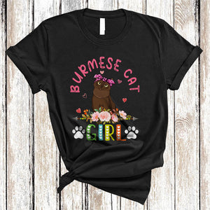 MacnyStore - Burmese Cat Girl, Amazing Floral Kitten Lover Hearts Flowers, Matching Girls Women Family T-Shirt