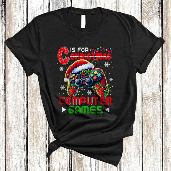 MacnyStore - C Is For Computer Games Not Christmas, Colorful Santa Game Controller, X-mas Lights Gamer T-Shirt