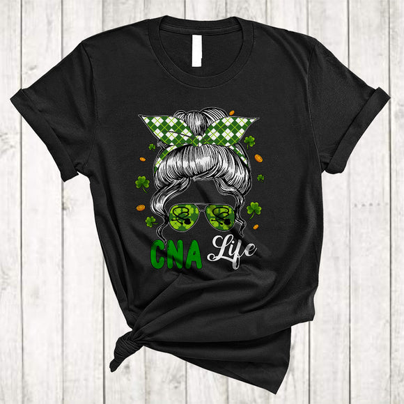 MacnyStore - CNA Life, Amazing St. Patrick's Day Bun Hair Woman Face Sunglasses, Lucky Shamrock Nurse T-Shirt