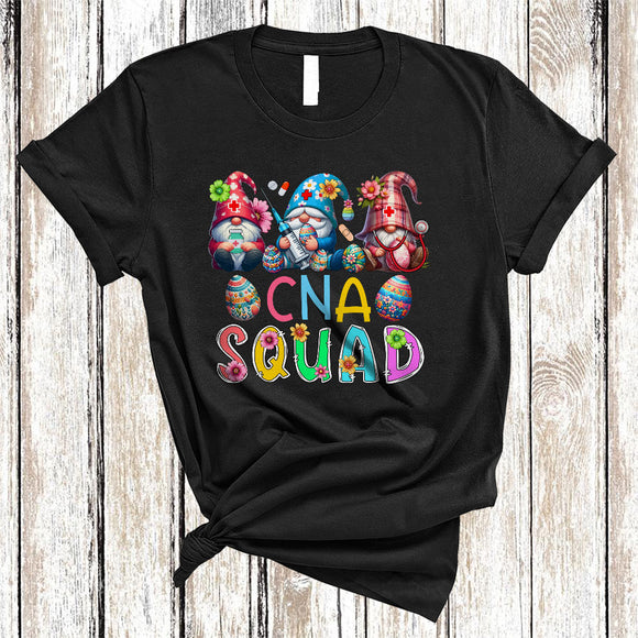 MacnyStore - CNA Squad, Colorful Easter Three Gnomes Gnomies Nursing Hunting Eggs, Nurse Group T-Shirt