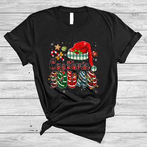 MacnyStore - Cafeteria Squad, Cheerful Plaid Christmas Lunch Lady Santa, X-mas Lights Pajama Family Group T-Shirt