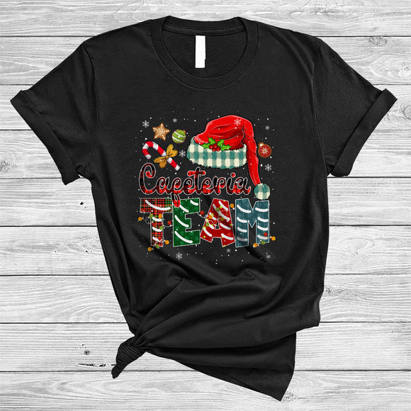 MacnyStore - Cafeteria Team, Cheerful Plaid Christmas Lunch Lady Santa, X-mas Lights Pajama Family Group T-Shirt