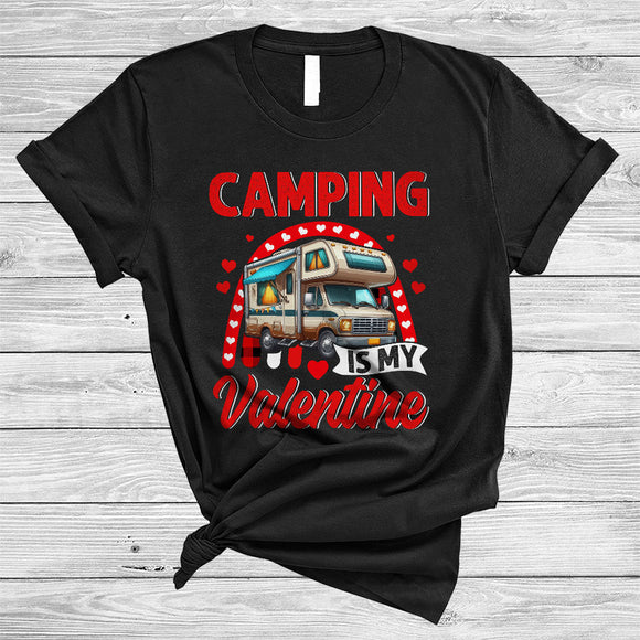 MacnyStore - Camping Is My Valentine, Awesome Valentine's Day Camping Lover, Hearts Plaid Rainbow T-Shirt