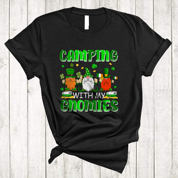 MacnyStore - Camping With My Gnomies, Awesome St. Patrick's Day Three Gnomes Camper, Shamrock Group T-Shirt