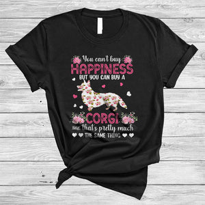 MacnyStore - Can't Buy Happiness You Can Buy A Corgi, Lovely Valentine Floral Corgi, Hearts Flowers T-Shirt