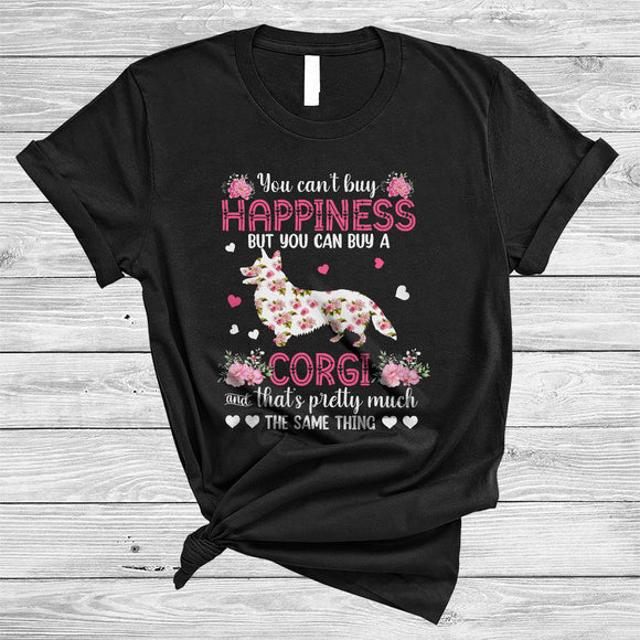 MacnyStore - Can't Buy Happiness You Can Buy A Corgi, Lovely Valentine Floral Corgi, Hearts Flowers T-Shirt