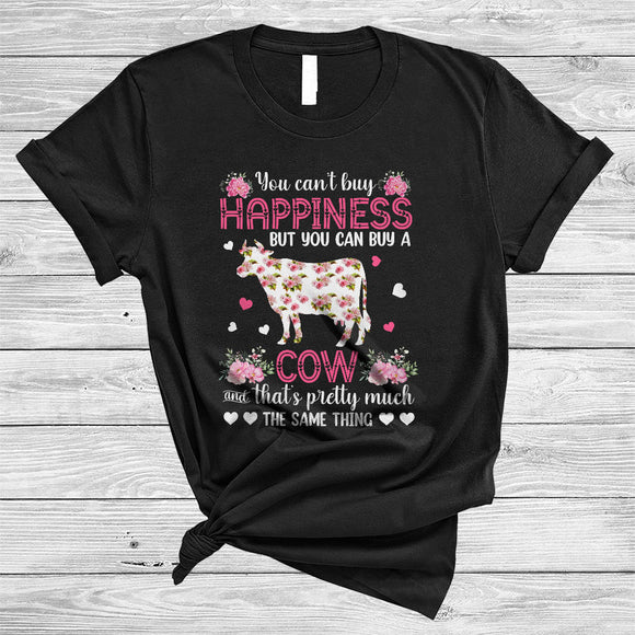 MacnyStore - Can't Buy Happiness You Can Buy A Cow, Lovely Valentine Floral Cow, Hearts Flowers T-Shirt