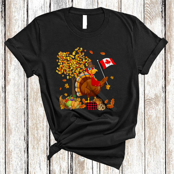 MacnyStore - Canadian Turkey With Fall Tree, Cool Thanksgiving Proud Canada Flag, Plaid Pumpkin T-Shirt