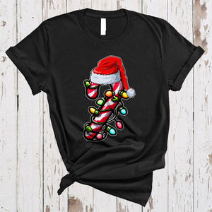 MacnyStore - Candy Cane Wearing Santa Hat, Lovely Cool Christmas Lights Pajama, X-mas Family Group T-Shirt